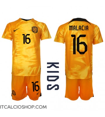 Olanda Tyrell Malacia #16 Prima Maglia Bambino Mondiali 2022 Manica Corta (+ Pantaloni corti)
